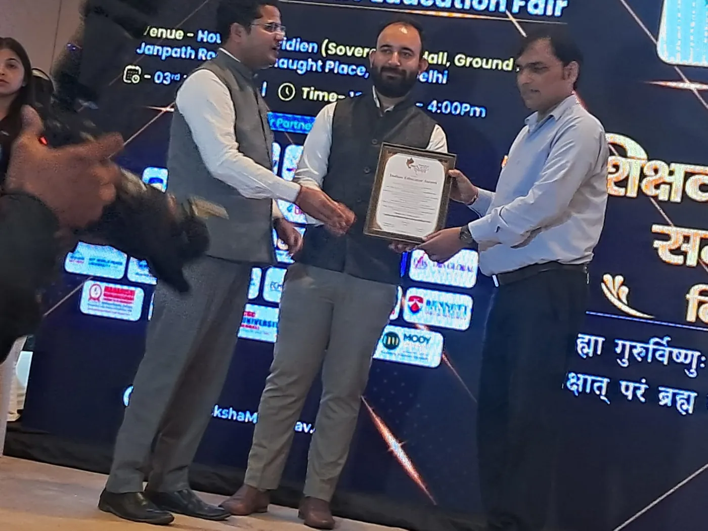 Career Platform receiving the Indian Educator Award on stage